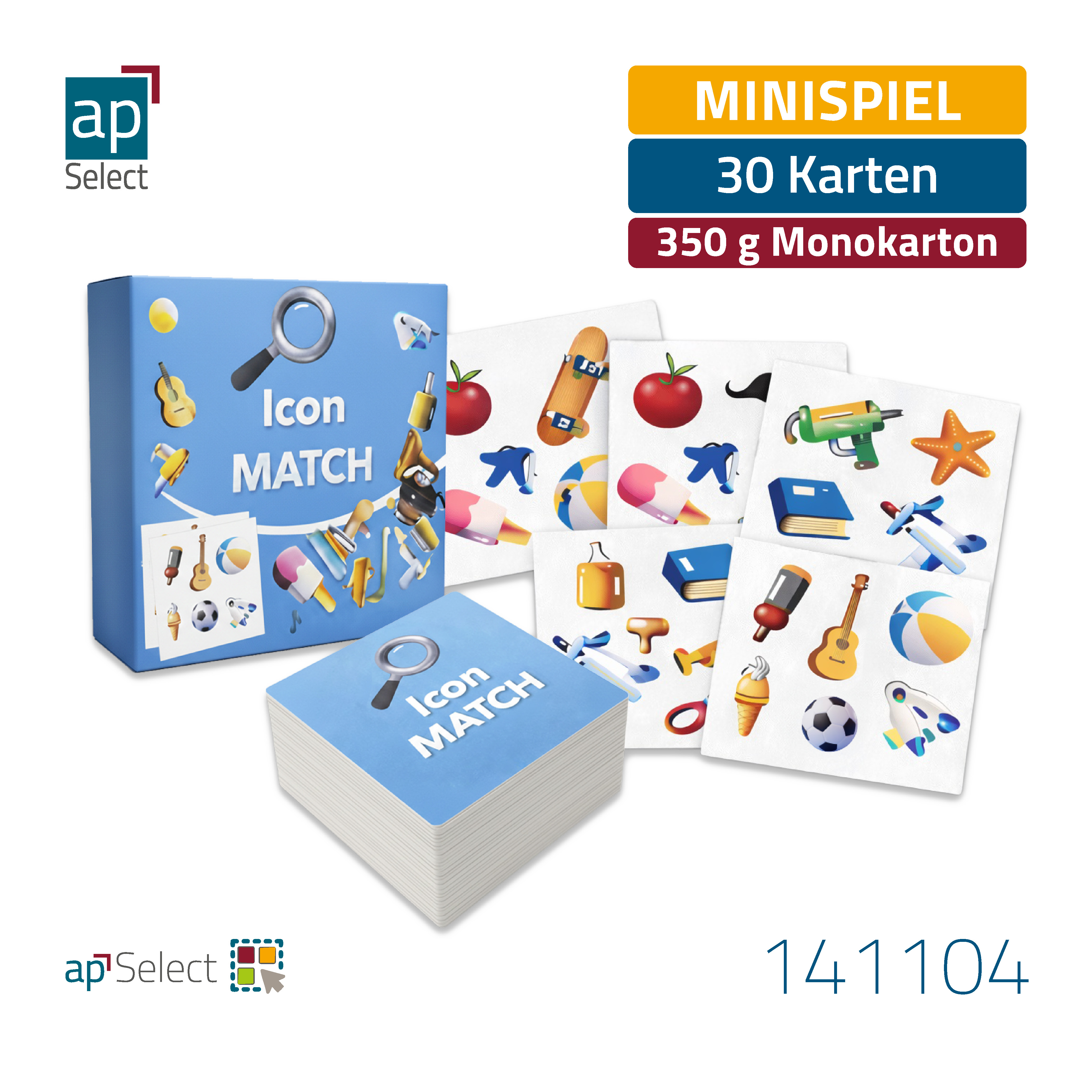 Icon MATCH Kartenspiel mit Verpackung und aufgefächerten Spielkarten mit verschiedenen Symbolmotiven